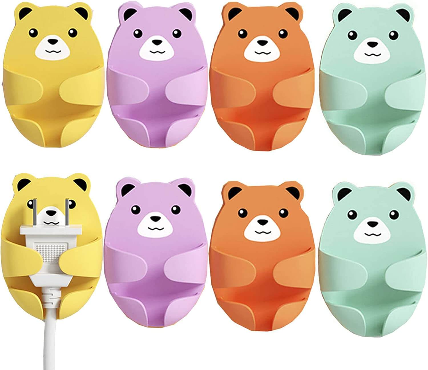 8 PCS Plug Hooks, Wall Mounted Plug Organizer Cute Bear Adhesive Plug Cord Holders